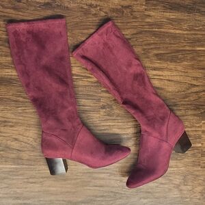Boden Heeled Stretch Knee Boots Ruby Ring Maroon Burgundy Size 39